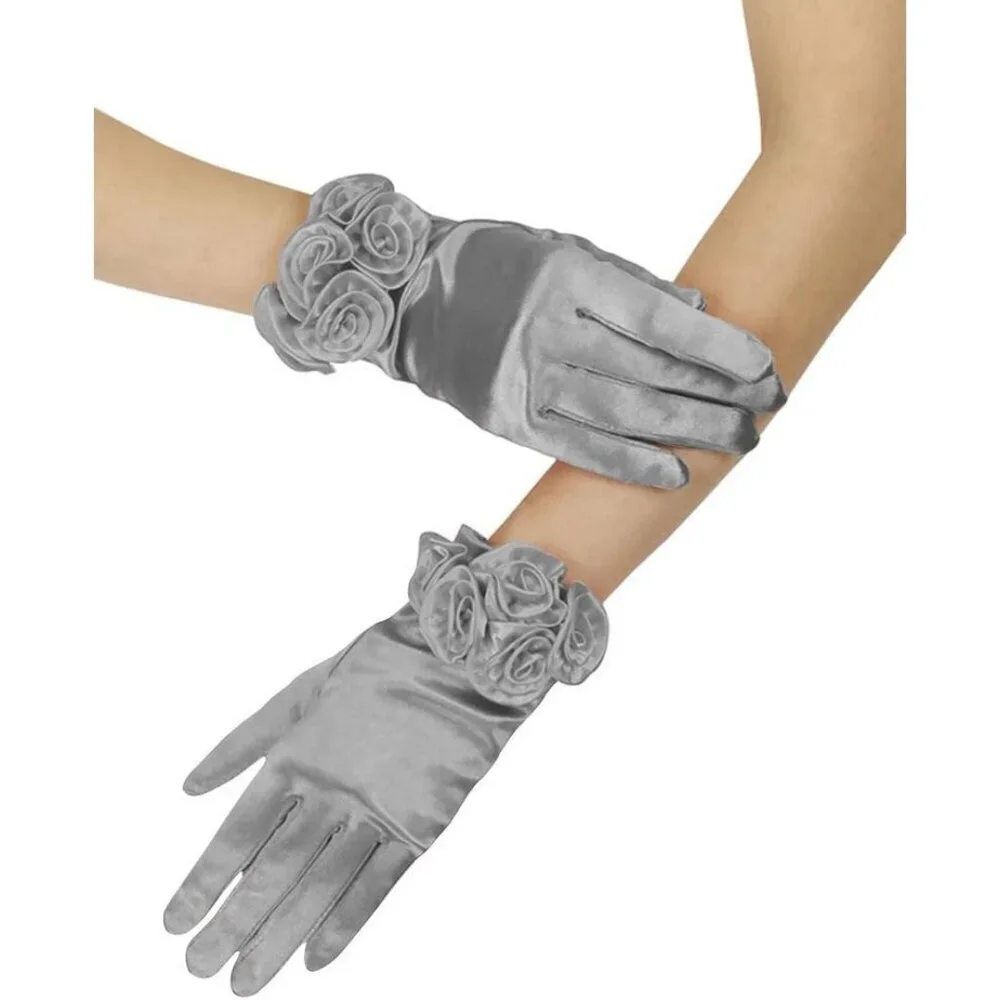 Women's Silver Elegant Floral Satin Short Gloves Wedding Dress Party Accessories